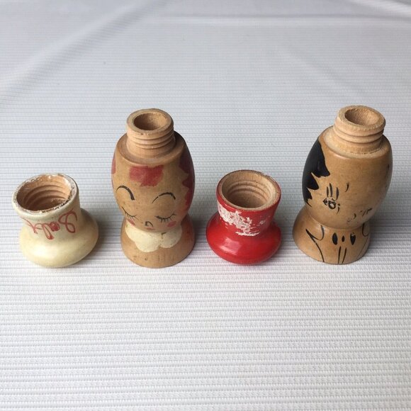 Chef Woman & Man Salt and Pepper Shakers Wood Painted Faces Red Japan Vintage - Picture 6 of 12